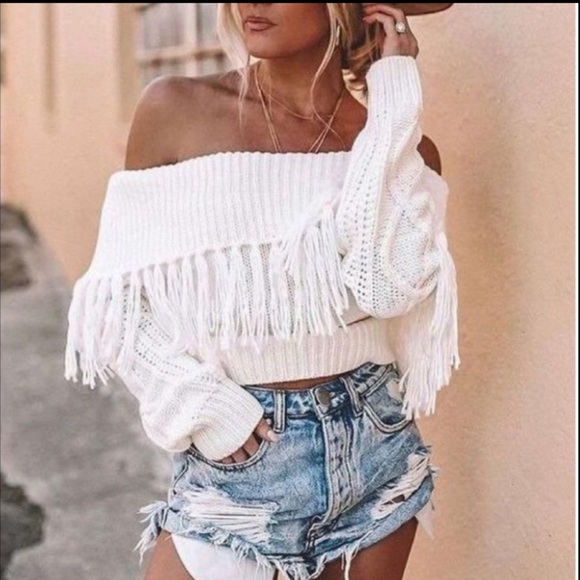 New! Bohemian fringe white knit, off the the shoulder sweater - Picture 3 of 6
